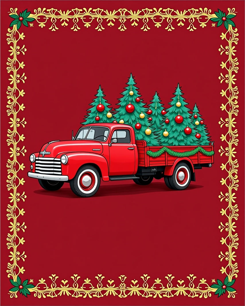 Red Truck Christmas Trees Garland Rug