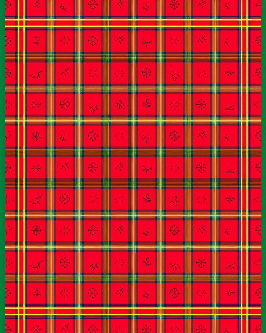 Crimson Plaid with Scattered Icons Rug