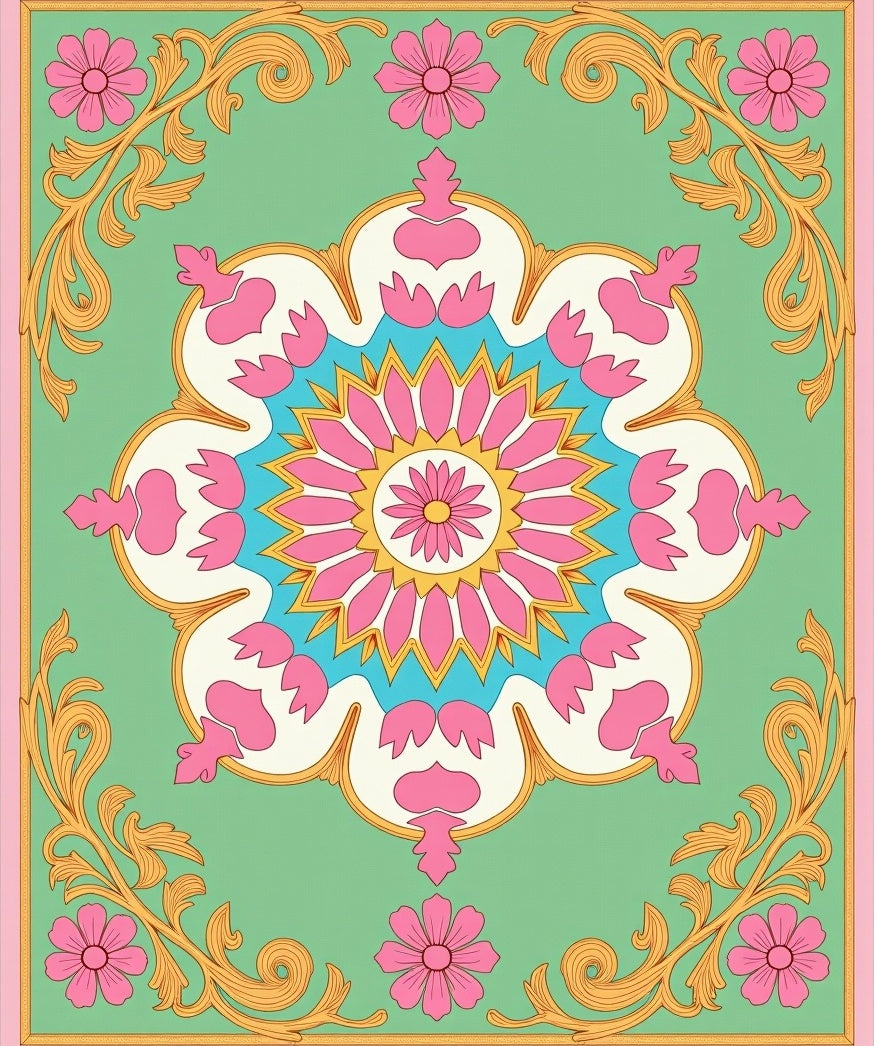 Pink Floral Medallion With Golden Swirls Rug