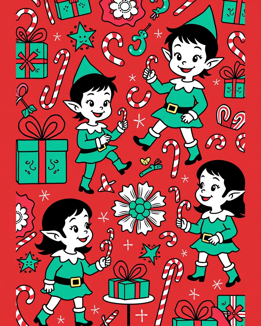 Whimsical Christmas Elves Candy Cane Collage Rug