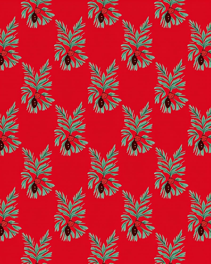 Red Tropical Palm Frond Medallion Rug