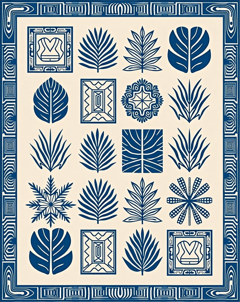 Navy Botanical Collage Contemporary Rug