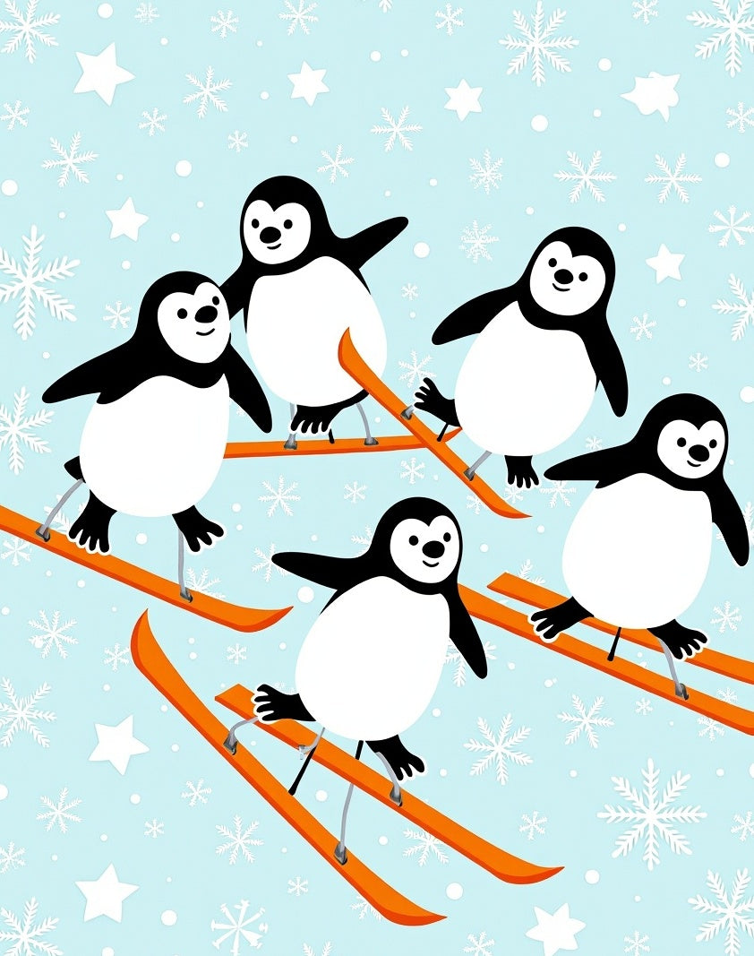 Playful Penguins Skiing Winter Scene Rug