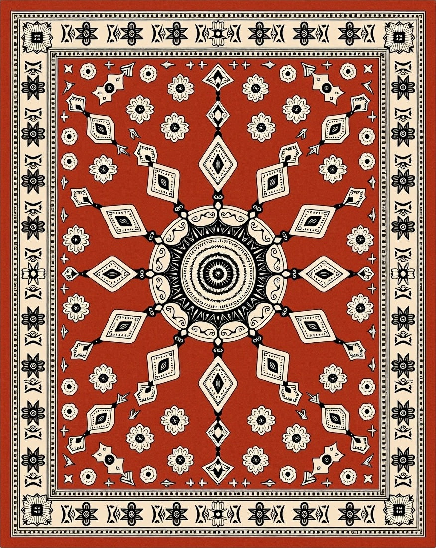 Rustic Red Floral Medallion Sunburst Rug