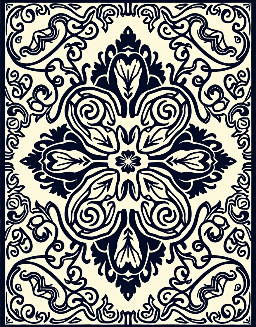 Dark Blue Floral Scrollwork Medallion Rug