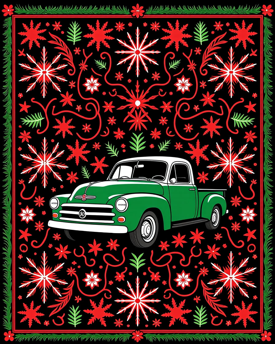 Vintage Green Truck Snowflakes Border Rug