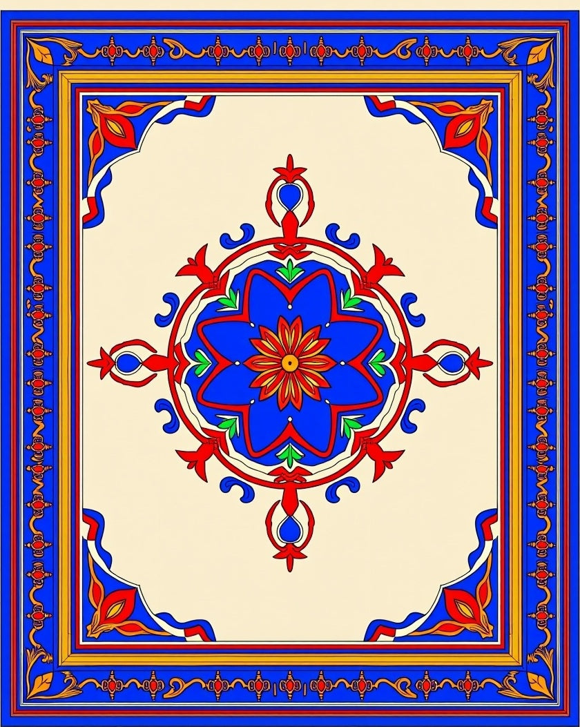 Bold Blue Red Floral Medallion Border Rug
