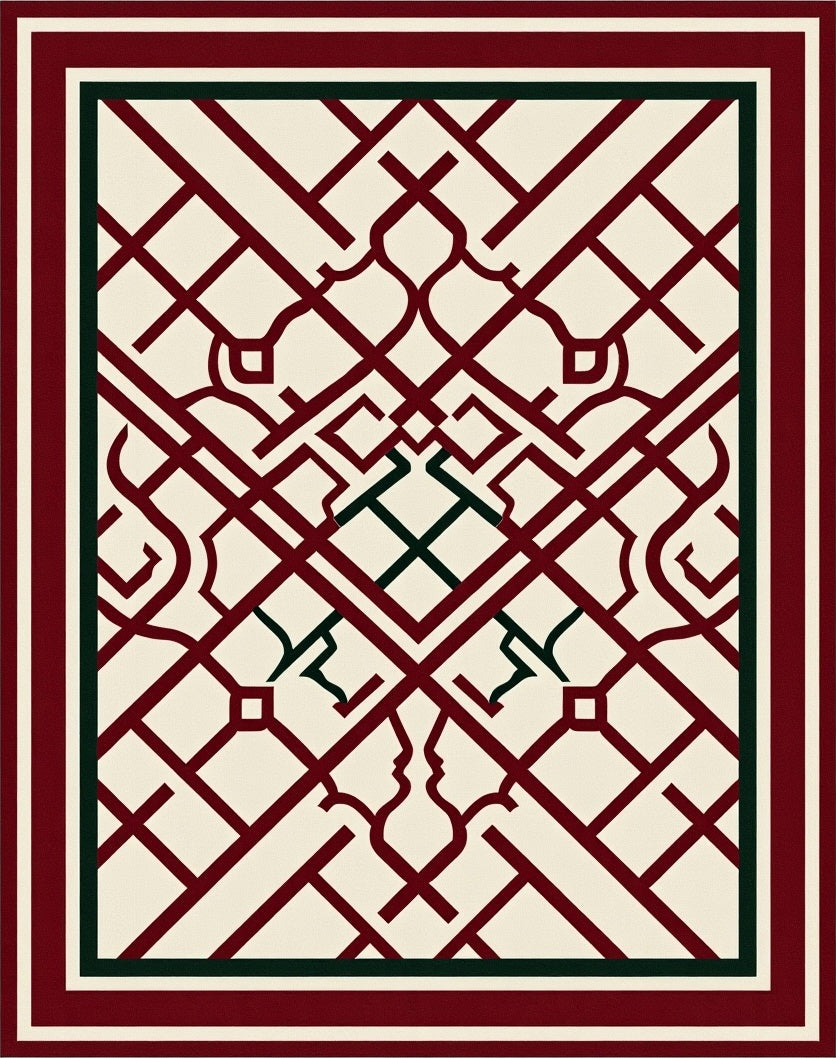 Crimson Lattice Arabesque Geometric Rug