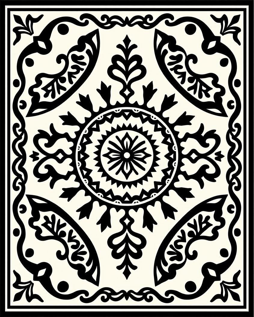 Classic Black Cream Floral Mandala Rug