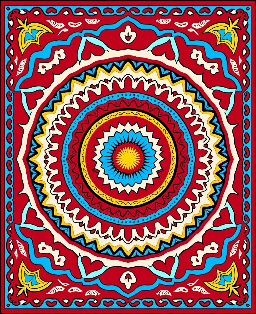Vibrant Red Sunburst Mandala Rug