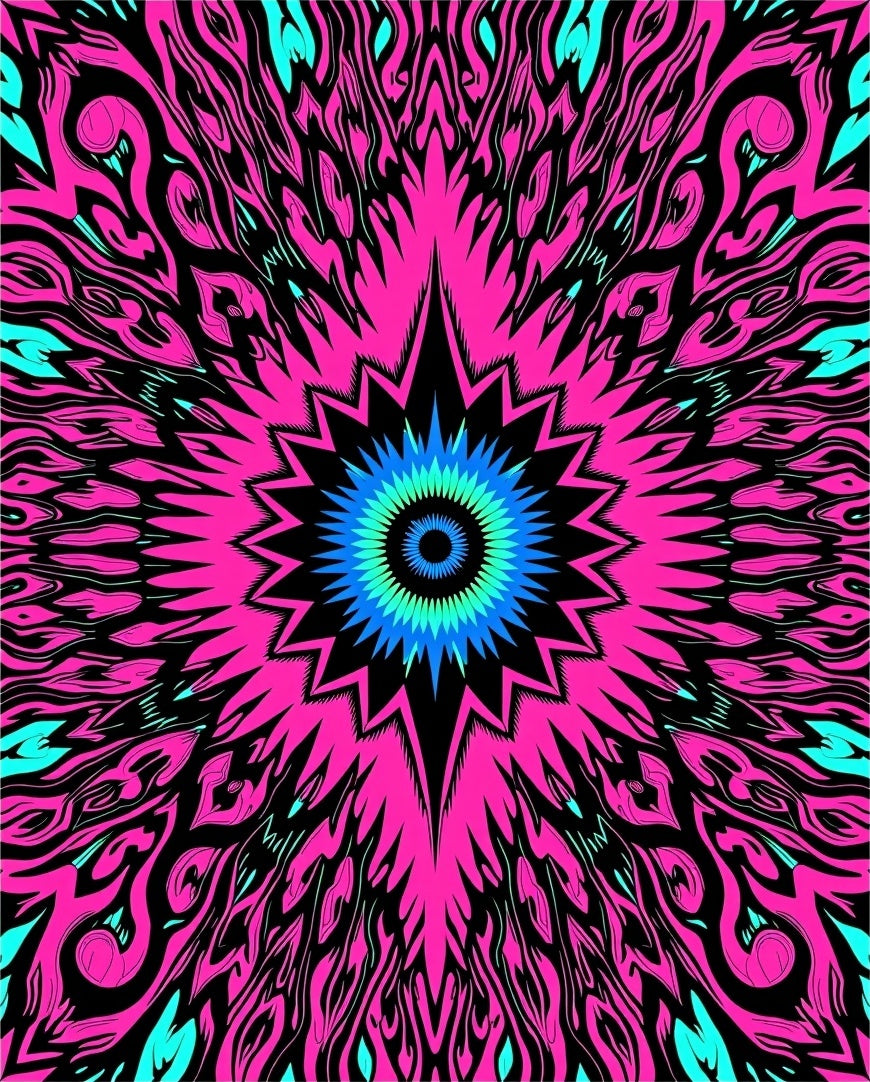 Vibrant Pink Cyan Starburst Mandala Rug