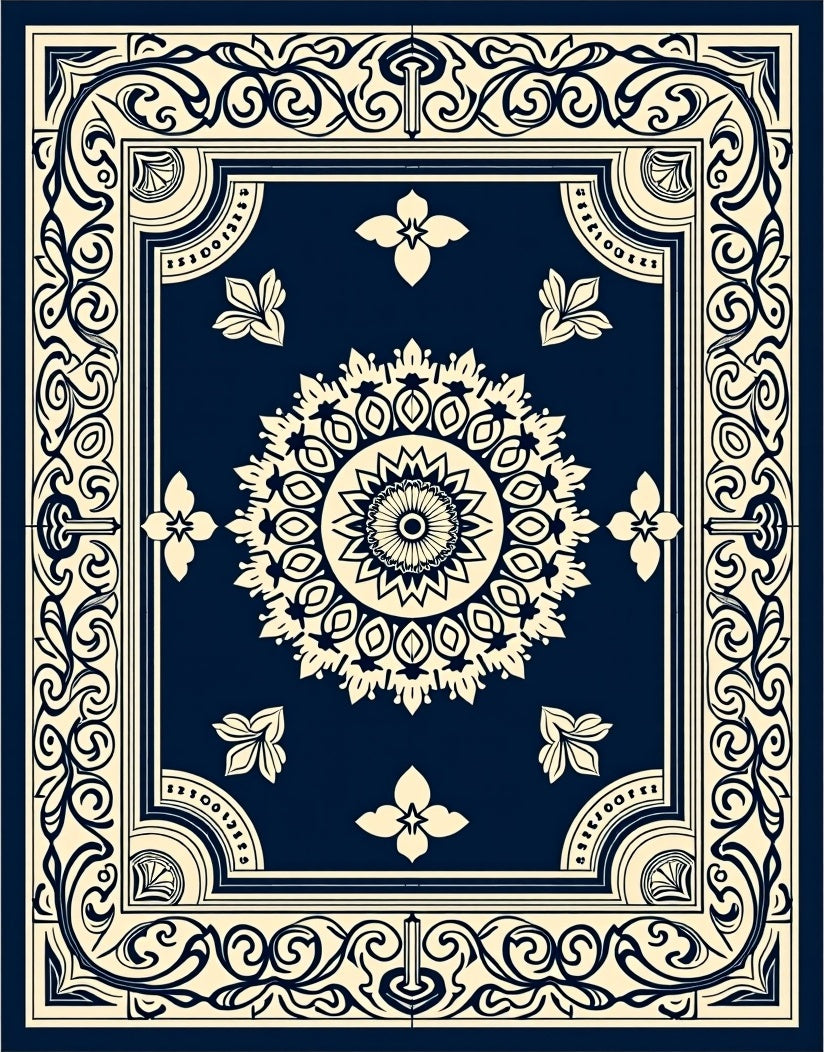 Classic Navy Floral Medallion Border Rug