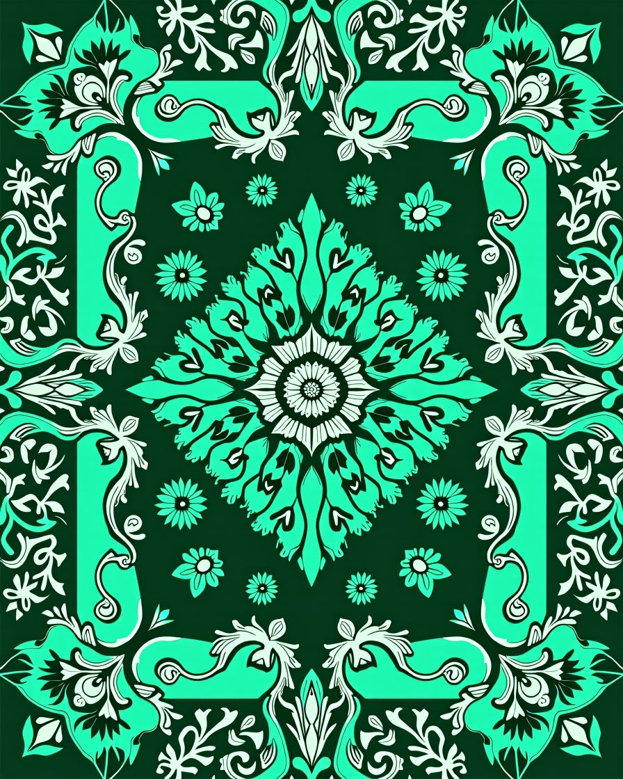 Vibrant Teal Floral Medallion Border Rug