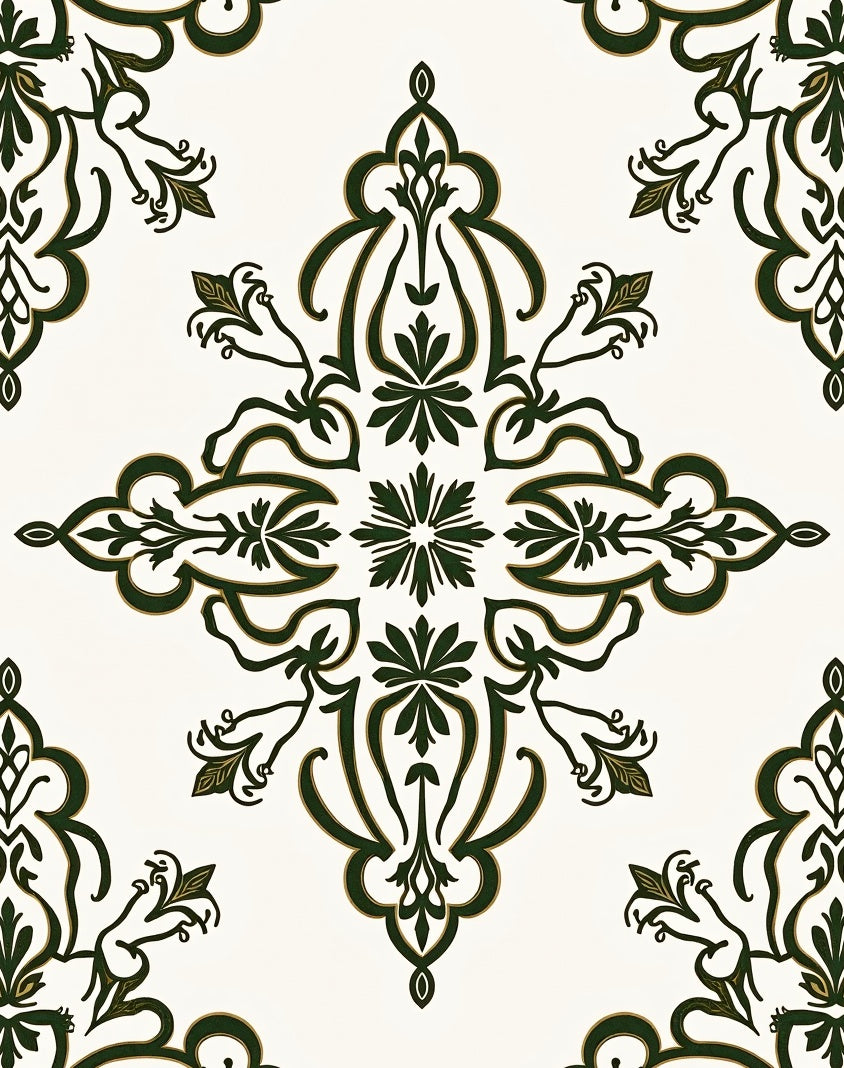 Dark Green Floral Medallion Damask Rug