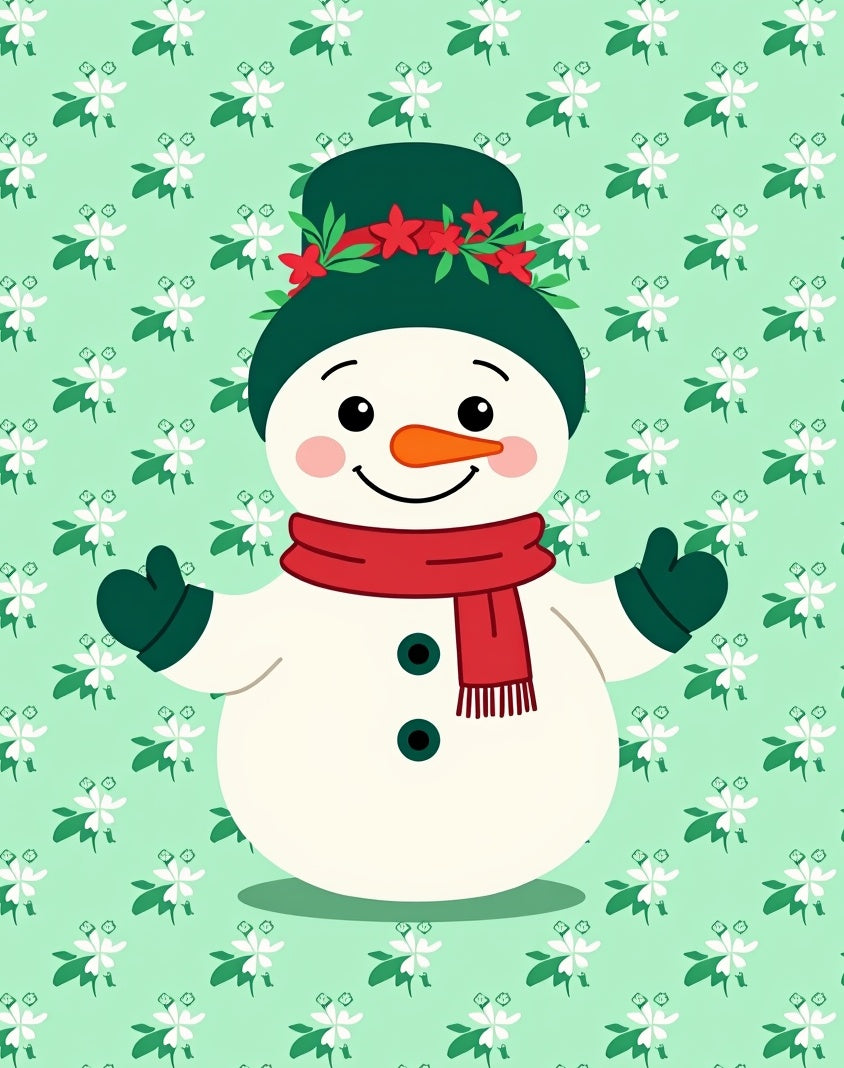 Festive Snowman Red Green Floral Background Rug
