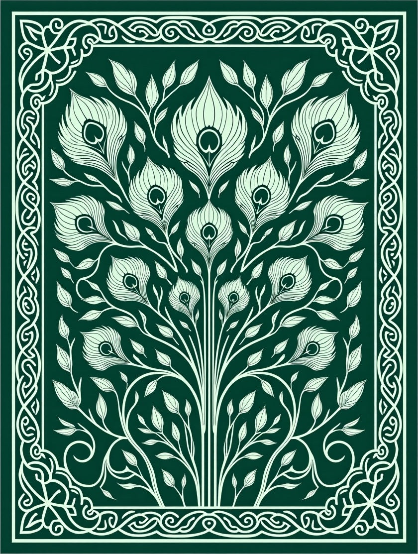 Emerald Peacock Feather Floral Arrangement Rug
