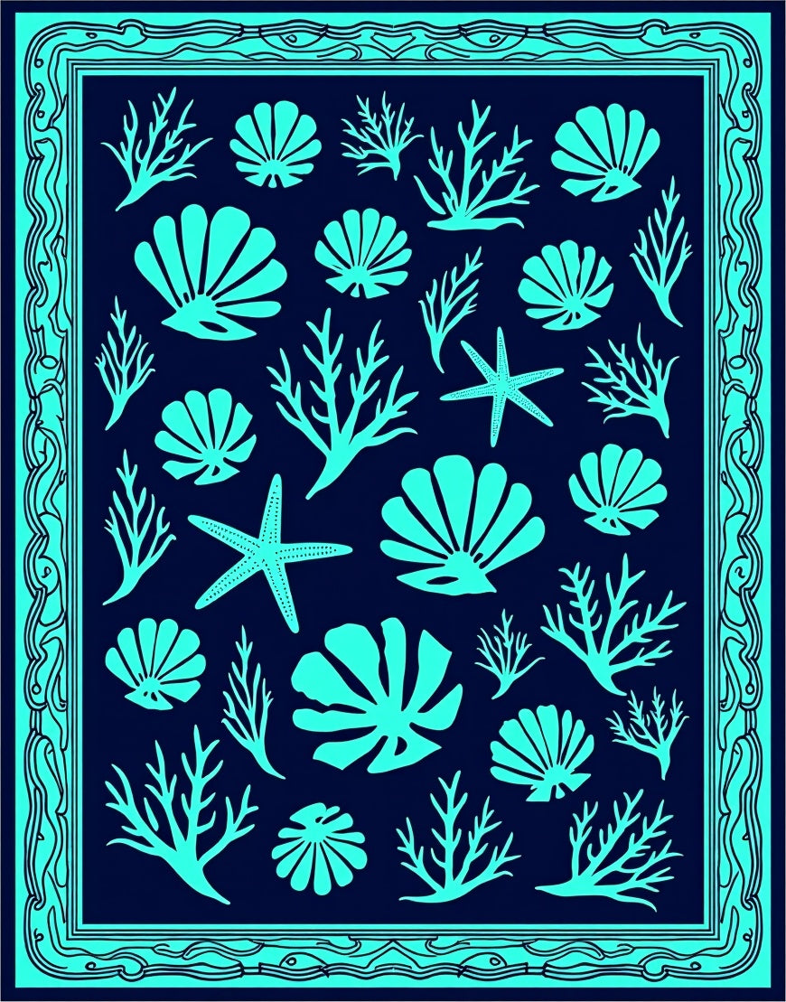 Oceanic Shells and Coral Deep Blue Rug
