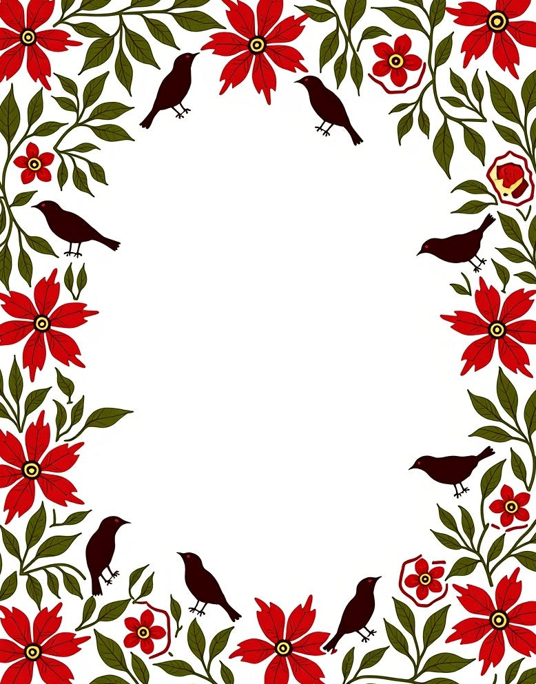 Crimson Floral Birds Border Rug