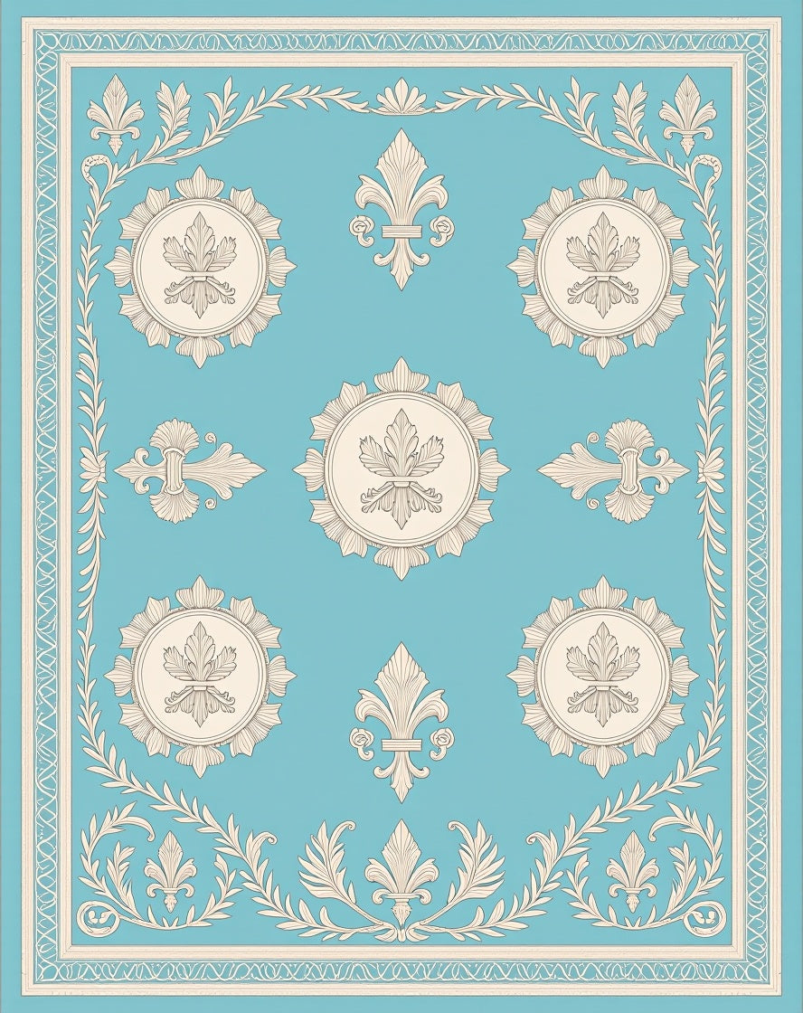 Aqua and Cream Fleur-de-lis Medallion Rug
