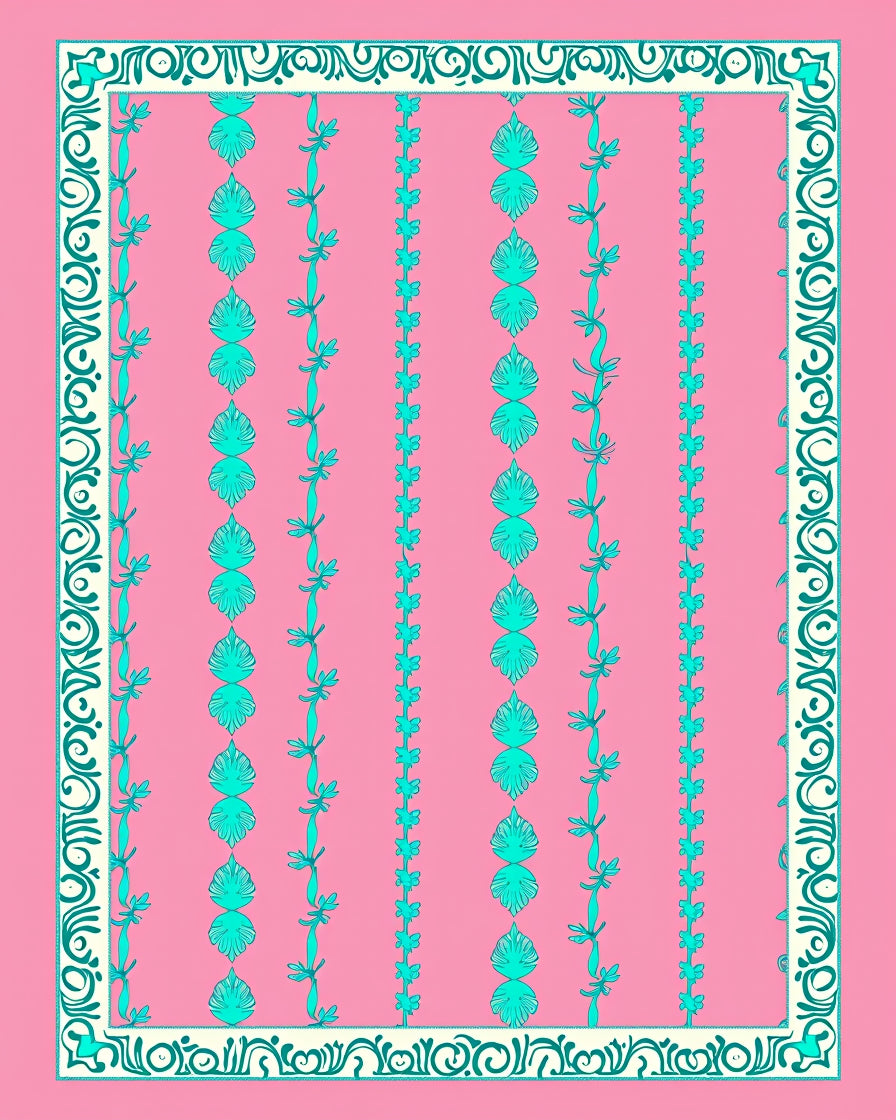 Pink Teal Leaf Vine Border Rug