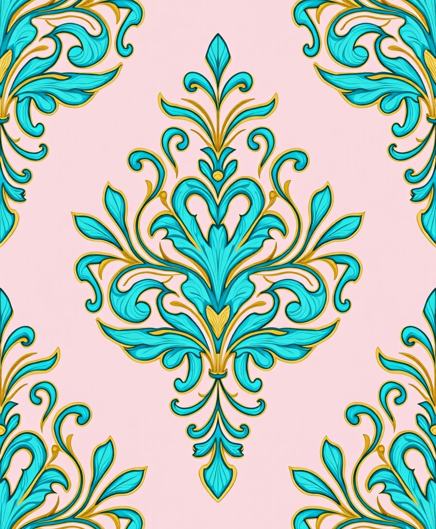 Elegant Teal Gold Floral Damask on Pink Rug