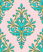 Elegant Teal Gold Floral Damask on Pink Rug