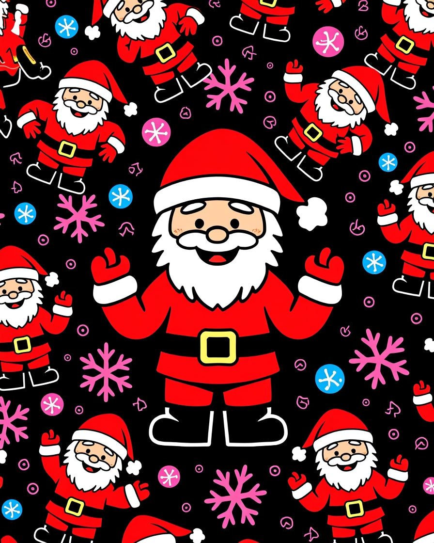 Playful Santa Claus with Snowflakes on Black Rug