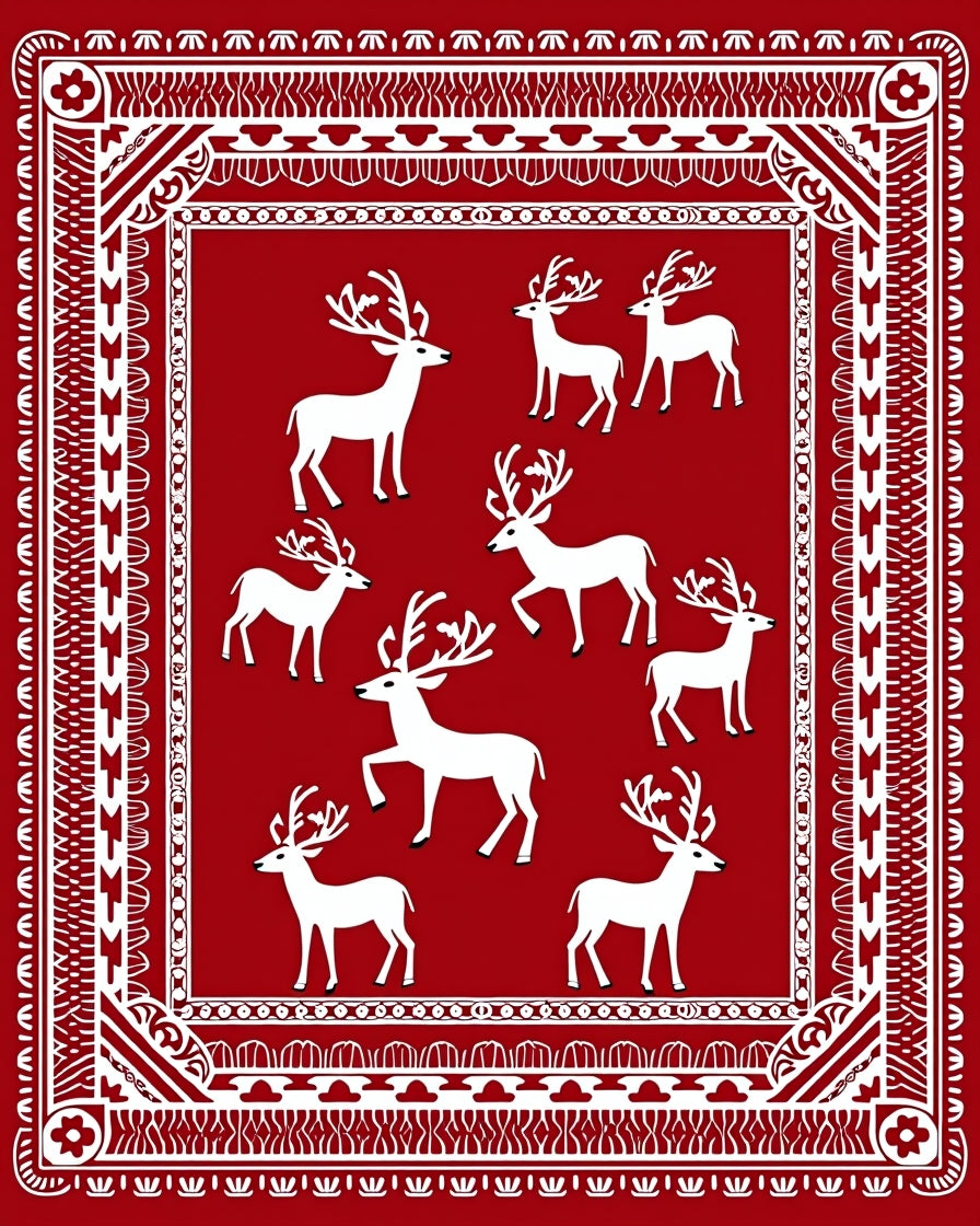 White Reindeer Red Border Rug