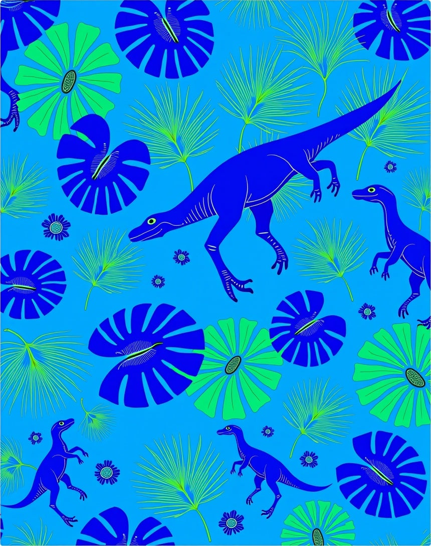 Blue Green Dinosaur Tropical Foliage Rug