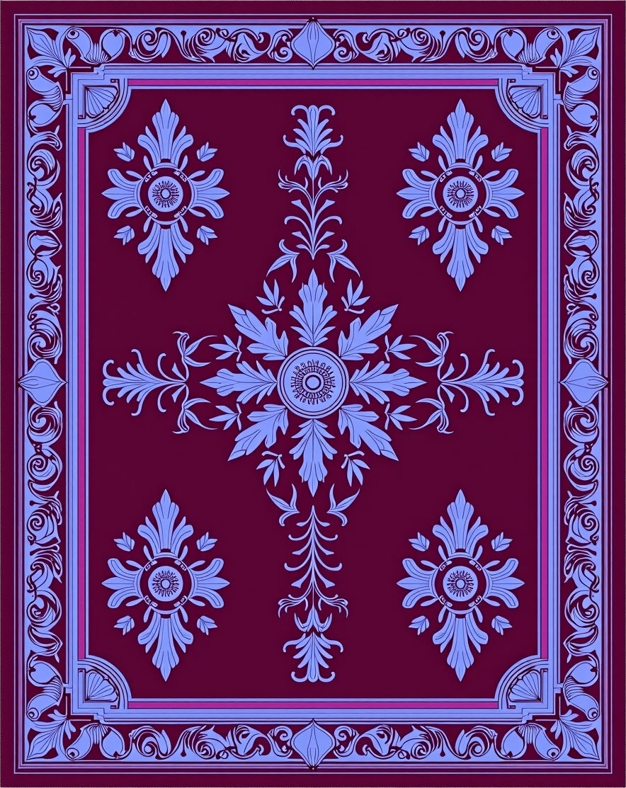 Burgundy Blue Floral Medallion Frame Rug