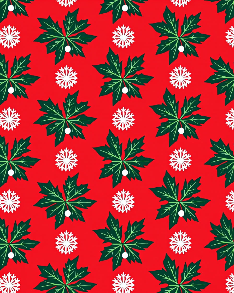 Festive Red Green Leaf Snowflakes Rug