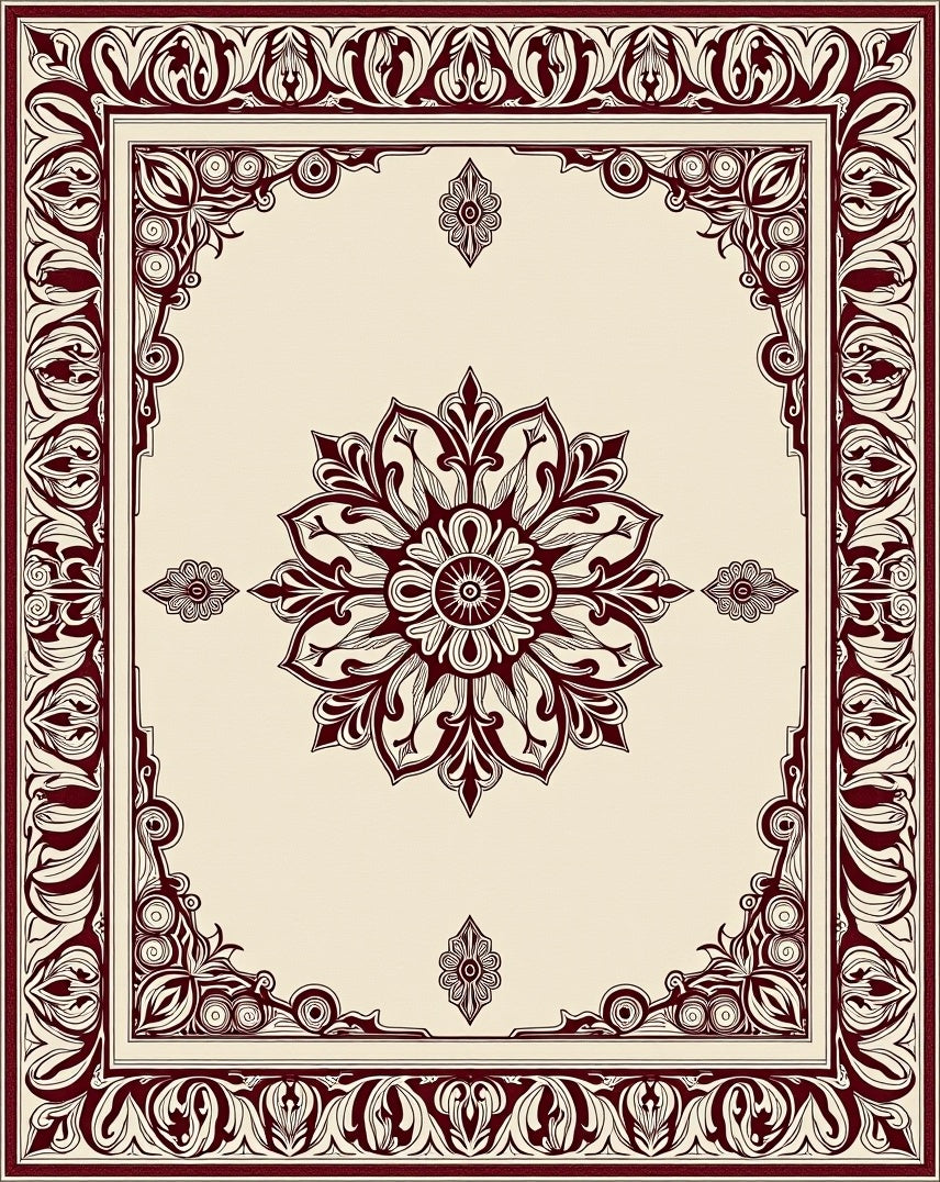 Rich Crimson Floral Medallion Border Rug
