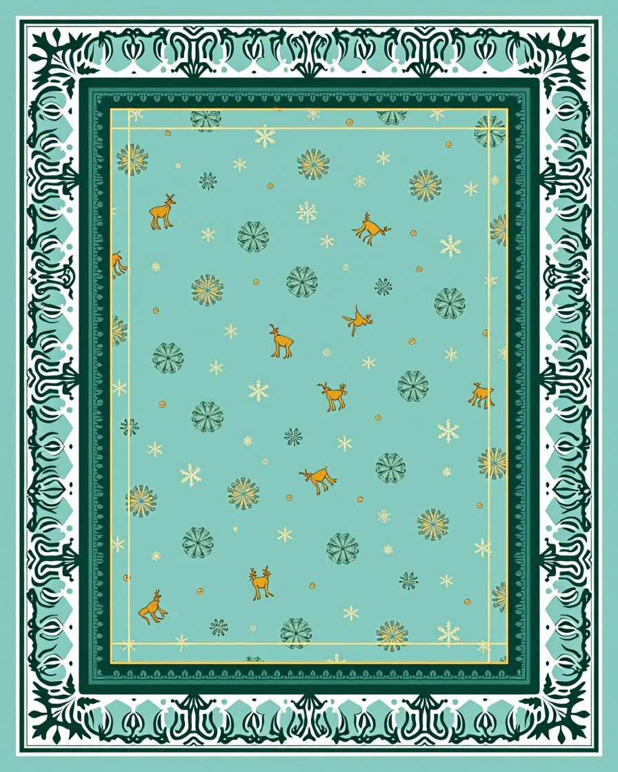 Turquoise Teal Deer Snowflake Border Rug