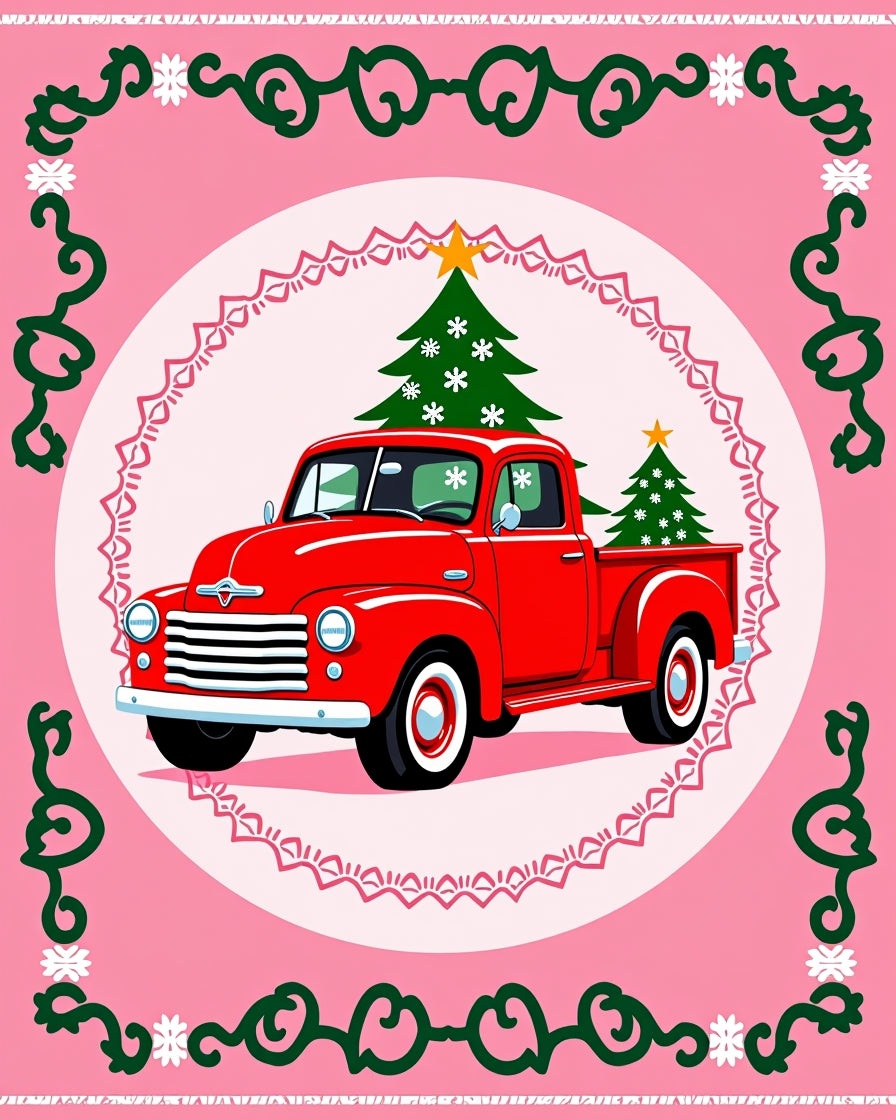 Red Truck Christmas Tree Festive Border Rug