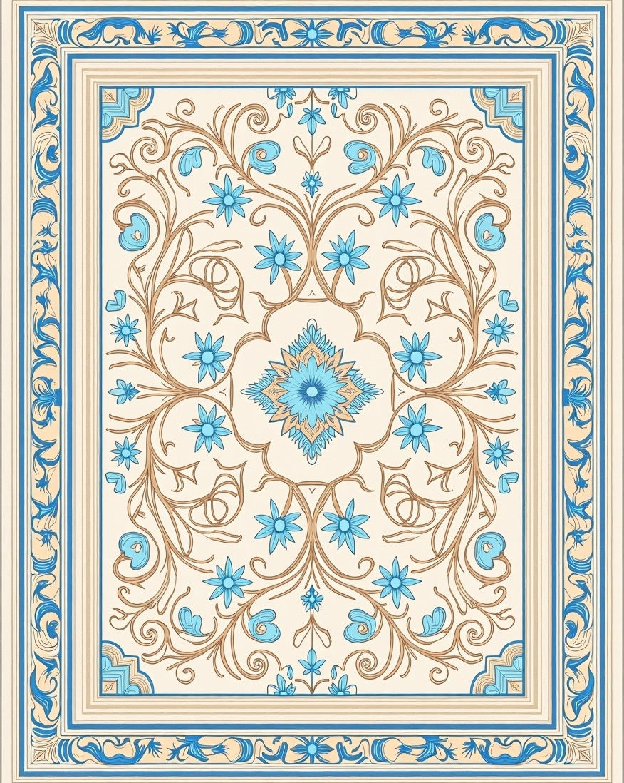 Cream Blue Floral Scrollwork Medallion Rug