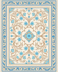 Cream Blue Floral Scrollwork Medallion Rug