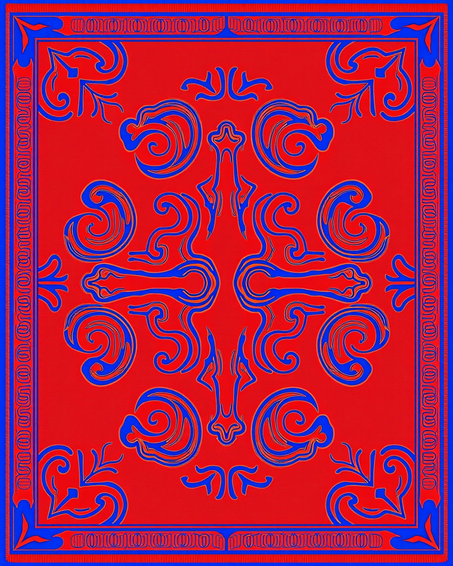 Vibrant Red Blue Swirl Medallion Rug