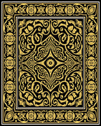 Gold Black Ornamental Floral Border Rug