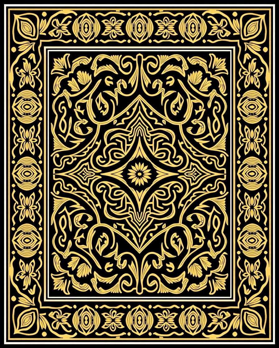 Gold Black Ornamental Floral Border Rug
