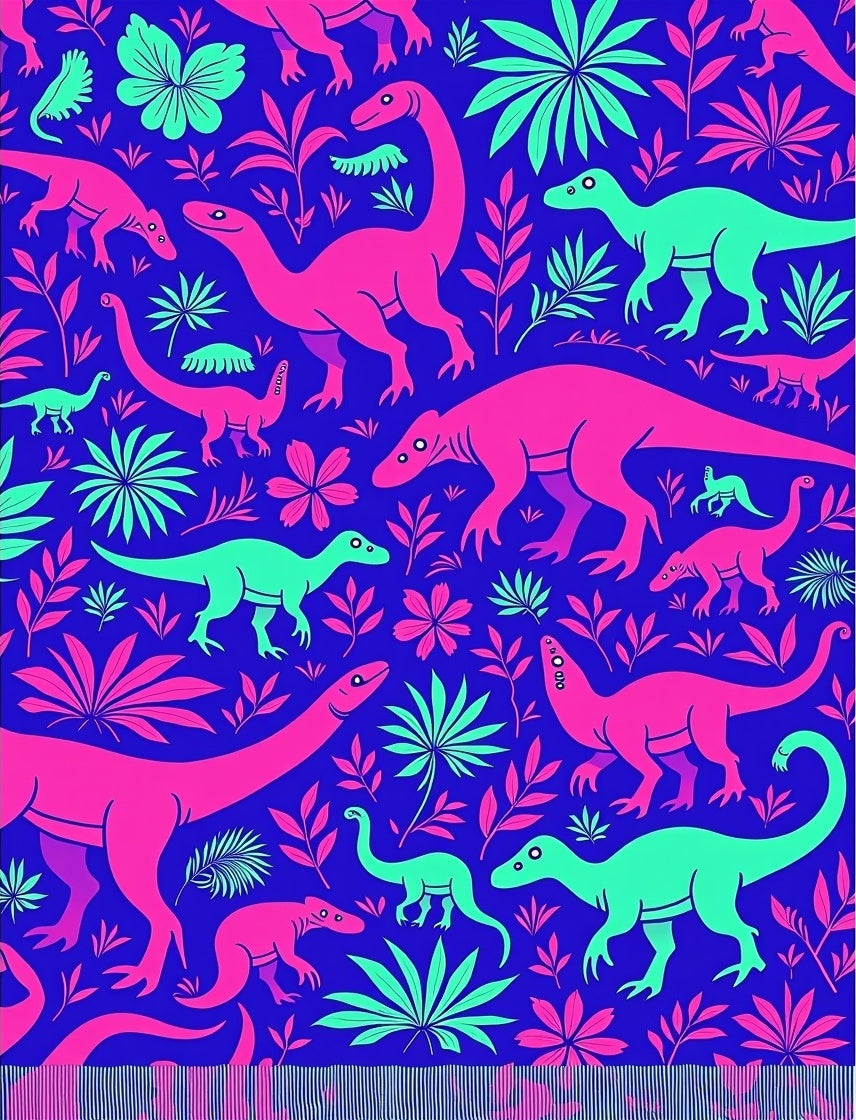 Retro Neon Dinosaur Jungle Scene Rug