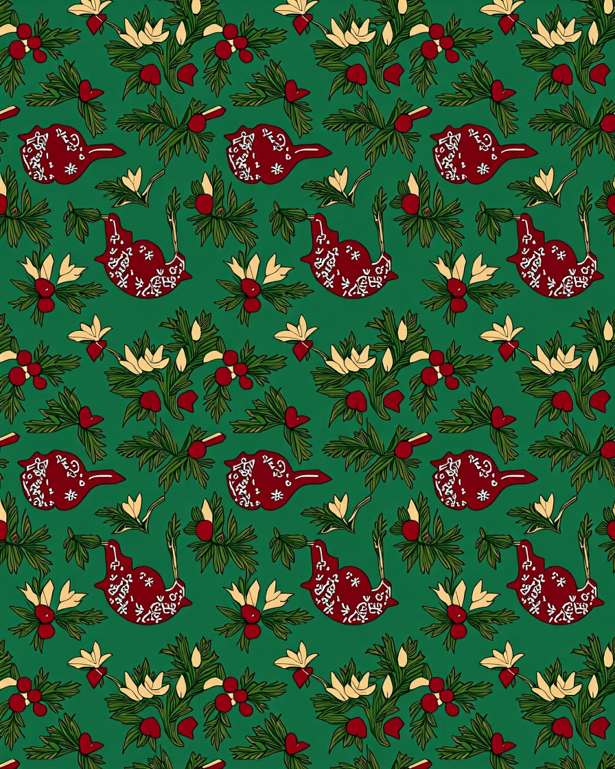 Festive Red Birds Green Holiday Foliage Rug