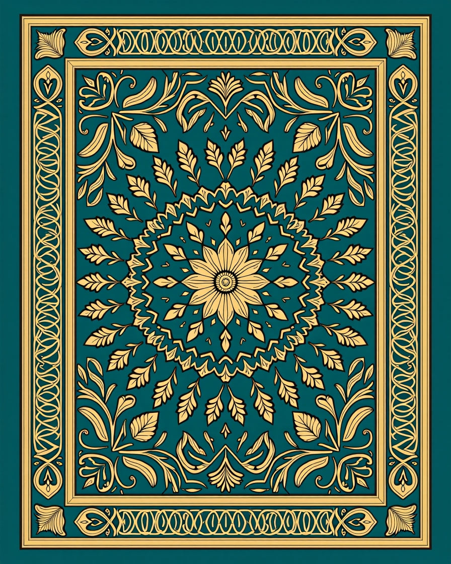 Teal and Gold Floral Medallion Tapestry Rug