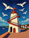 Seagulls Above Coastal Lighthouse Scene Rug