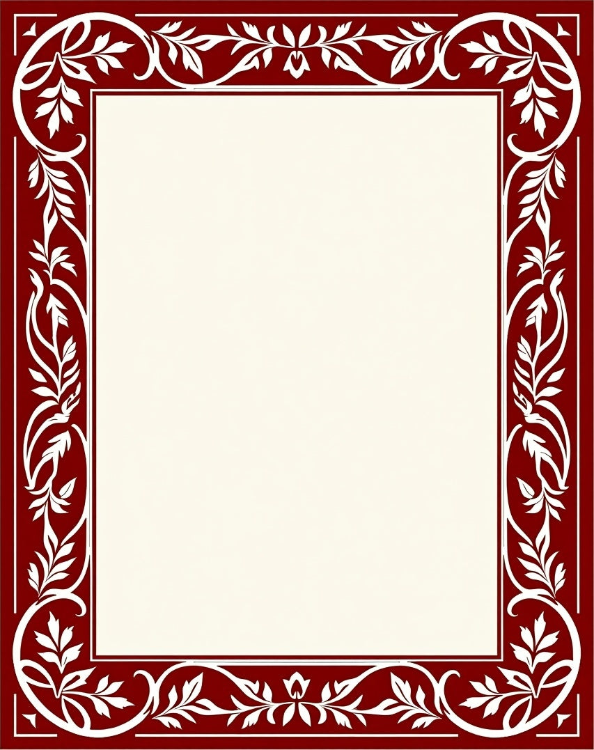 Crimson White Leaf Scroll Border Rug