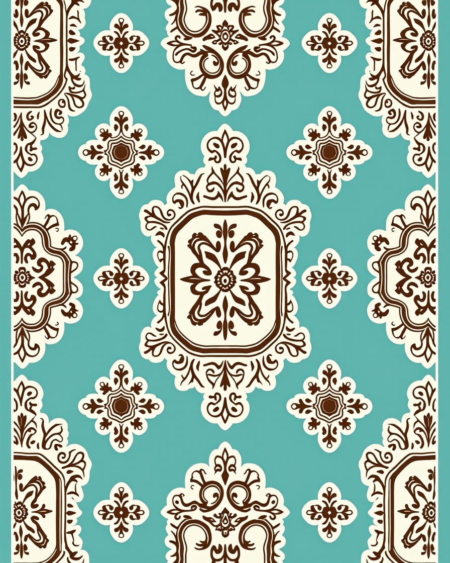 Vintage Cream and Teal Damask Medallion Rug