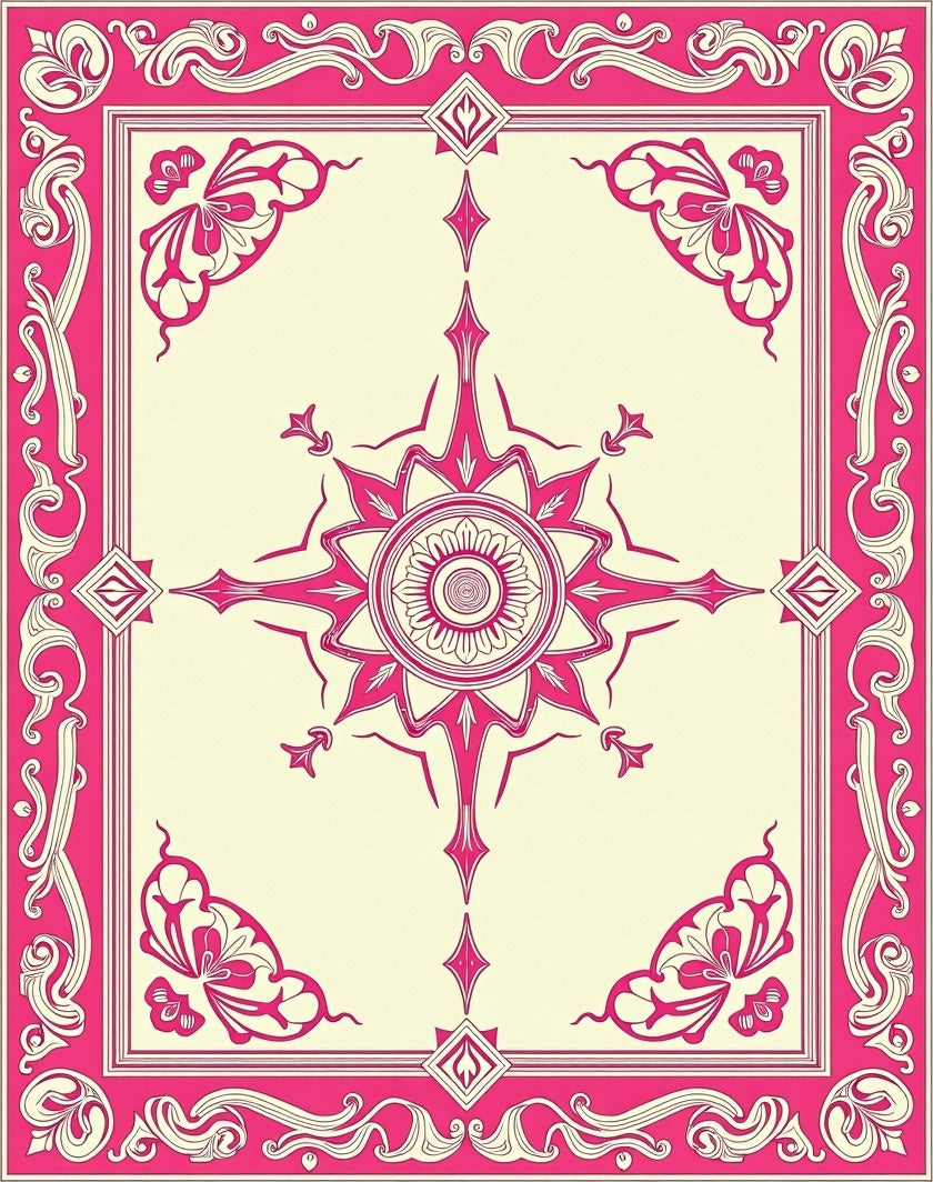 Ornate Pink Butterfly Medallion Cream Rug