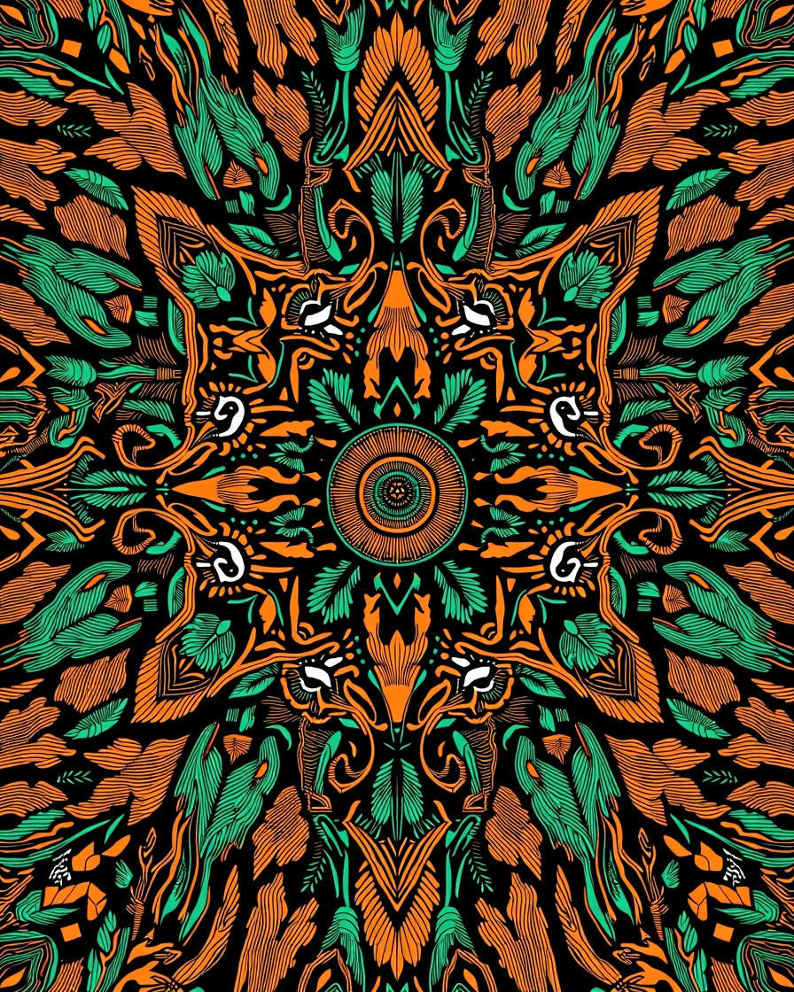 Ornate Black Orange Green Mandala Rug