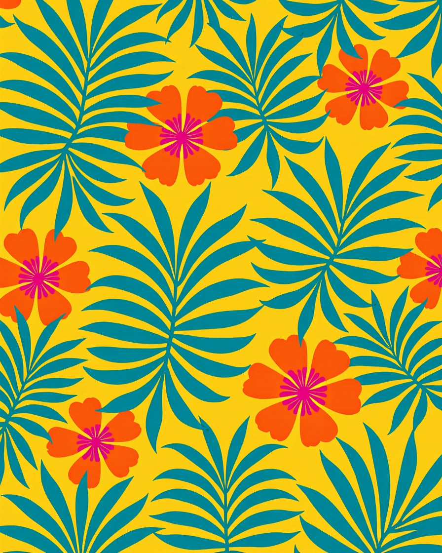 Vibrant Orange Floral Teal Palm Rug