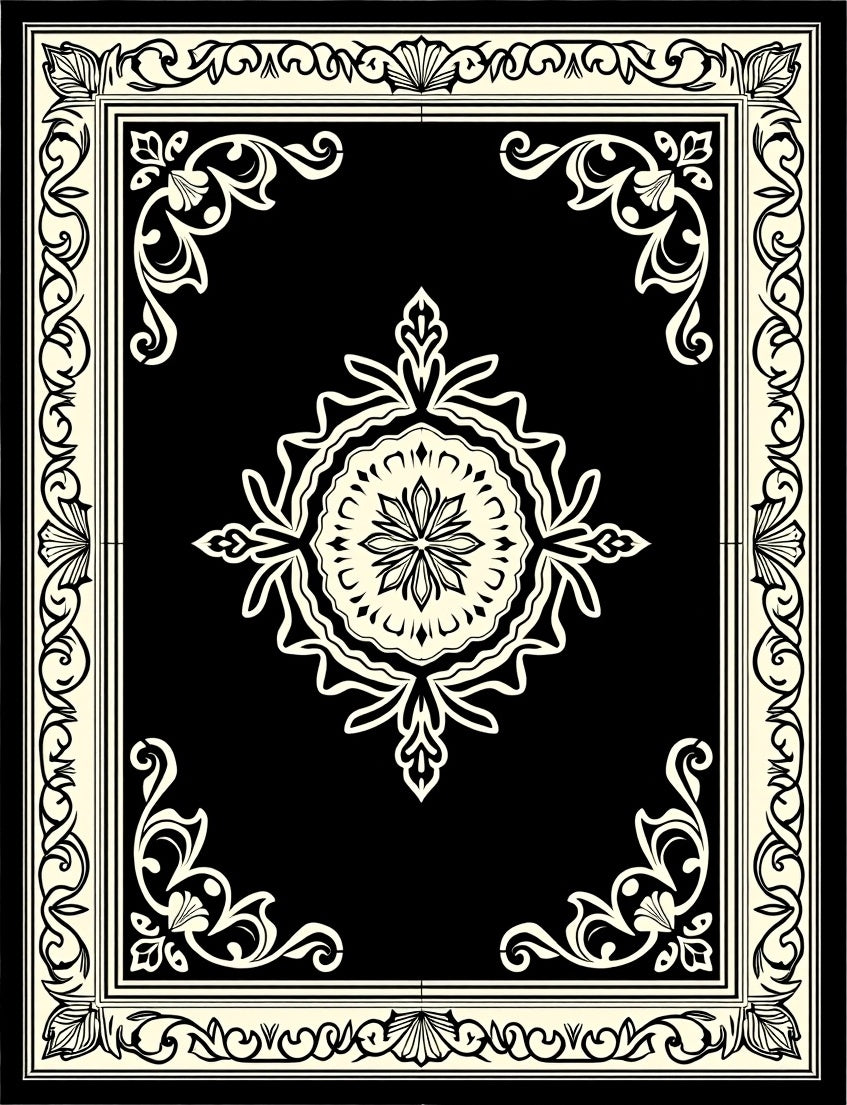 Monochrome Elegant Floral Medallion Border Rug