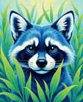 Vibrant Blue Raccoon Among Green Leaves Rug
